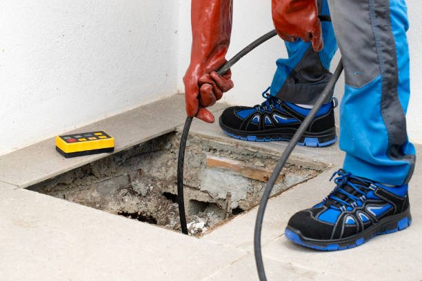 American Foundation Specialists | Leaky Basement Repair: Causes, Warning Signs and The Best Fixes for Milwaukee Homes Technician inspecting a leaky basement with a cable in a damaged concrete floor, highlighting basement repair services relevant to Milwaukee homes.