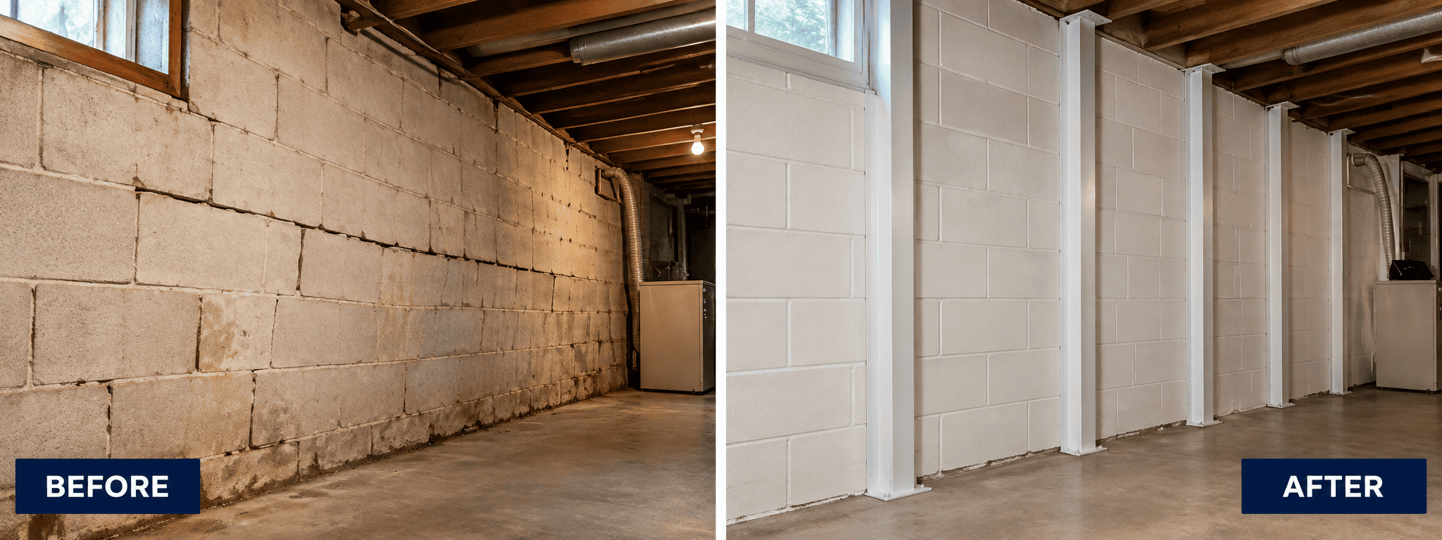 Before and after: bowed block basement wall, then reinforced with steel wall braces