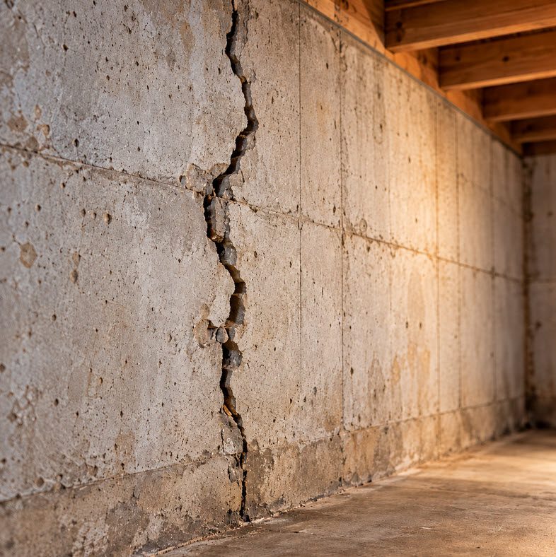 Vertical crack running through a poured concrete basement wall