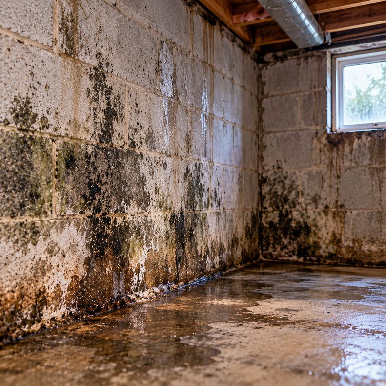 Damp basement walls stained with mold and white mineral residue
