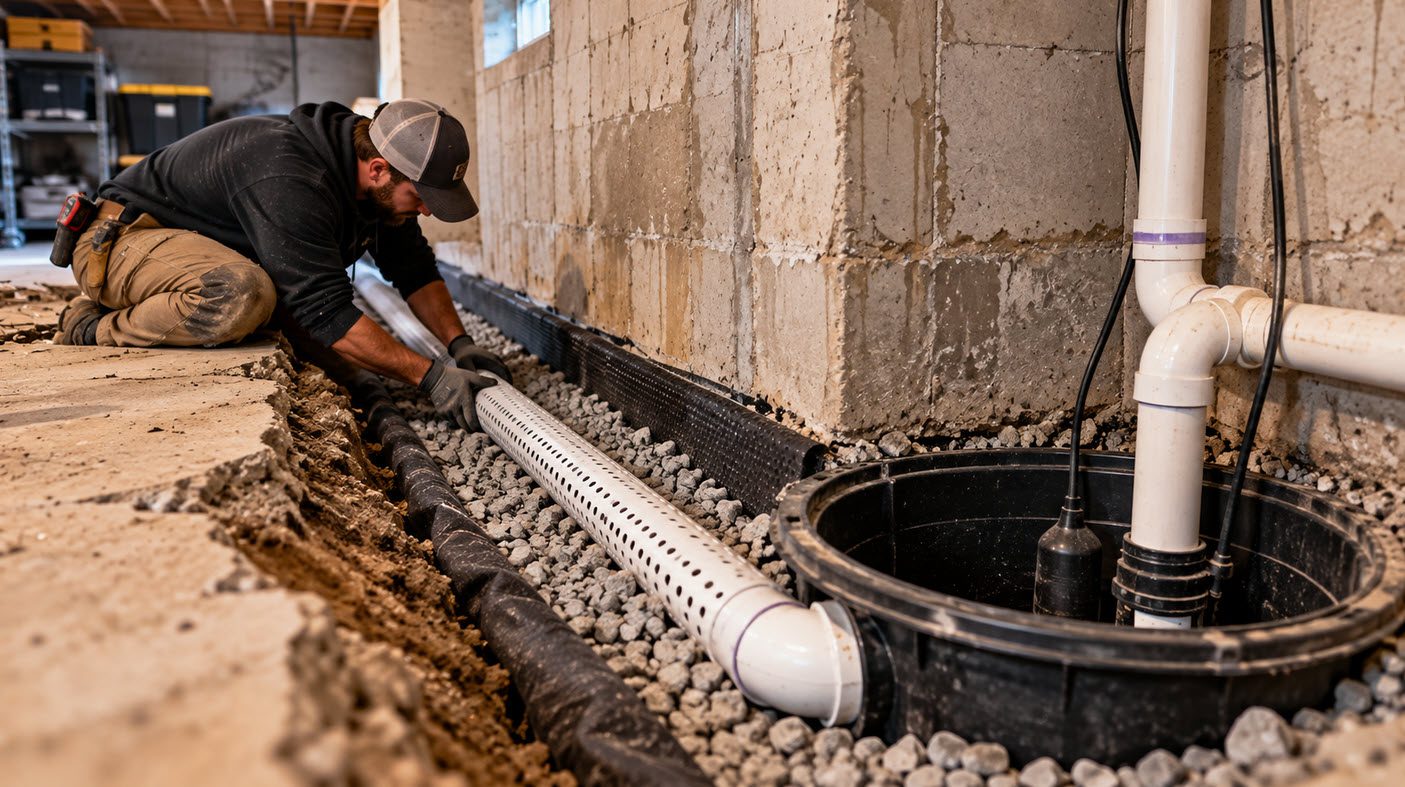 New interior drain tile in a gravel trench running to a sump pit