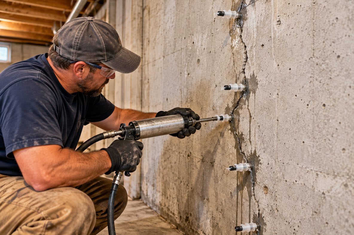 Technician injecting a crack in a poured concrete basement wall