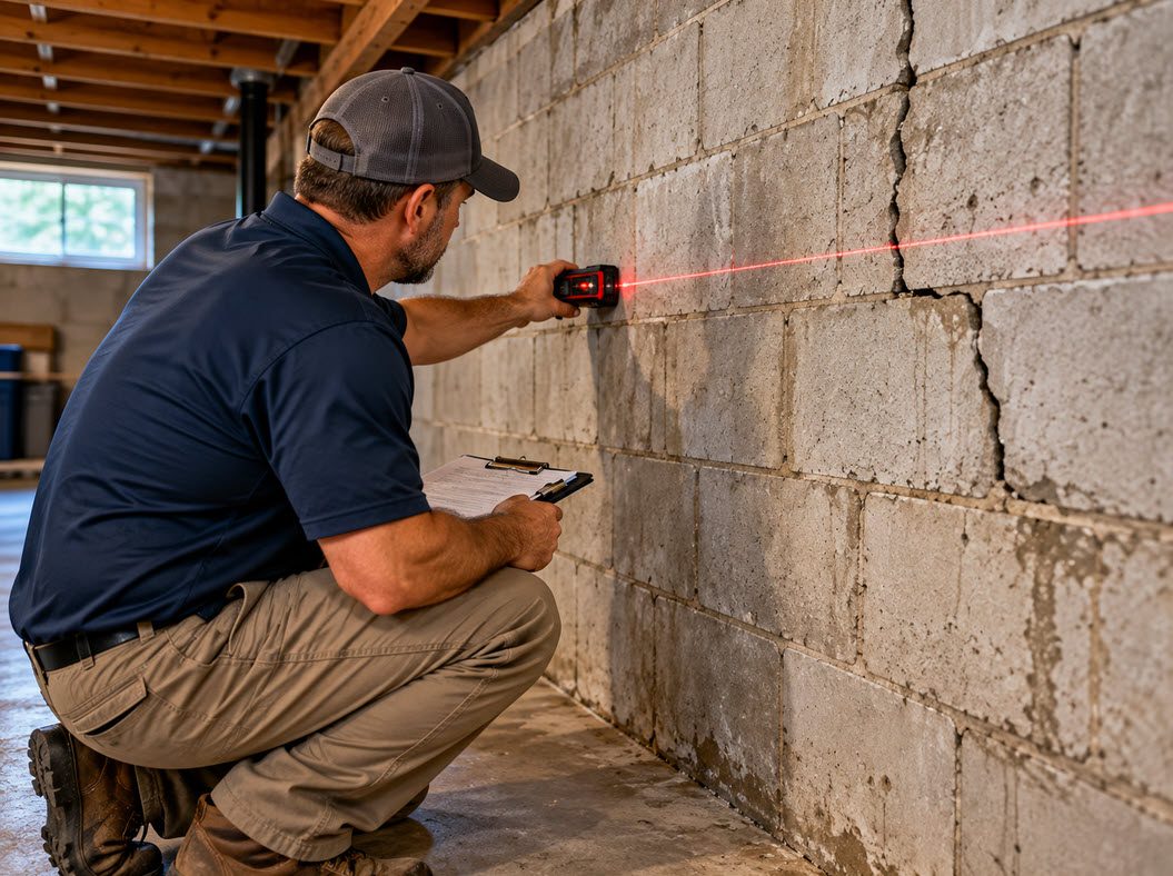 American Foundation Specialists technician inspecting a basement foundation wall