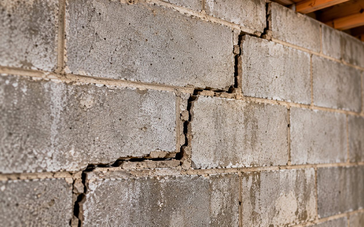 Stair-step crack in a concrete block foundation wall
