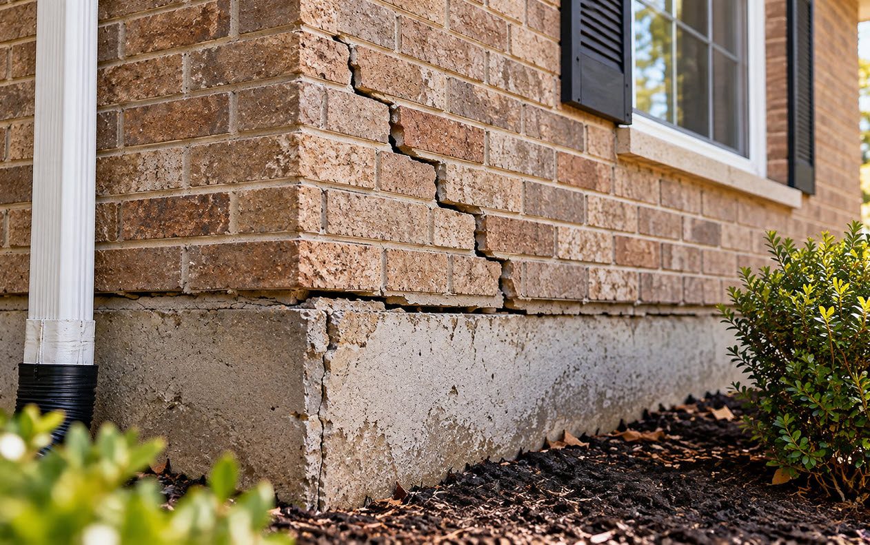 Diagonal crack in exterior brick from foundation settlement