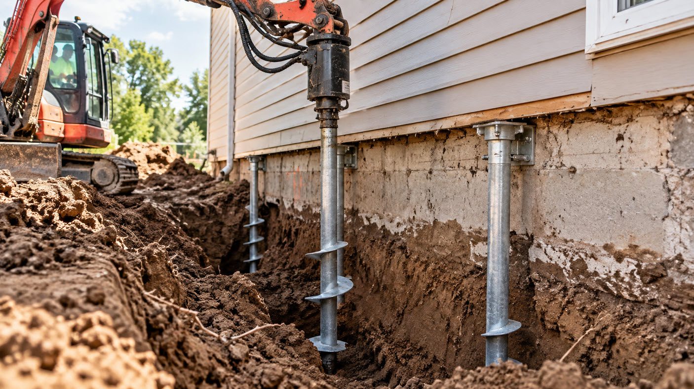 Helical piers being installed along a home's foundation