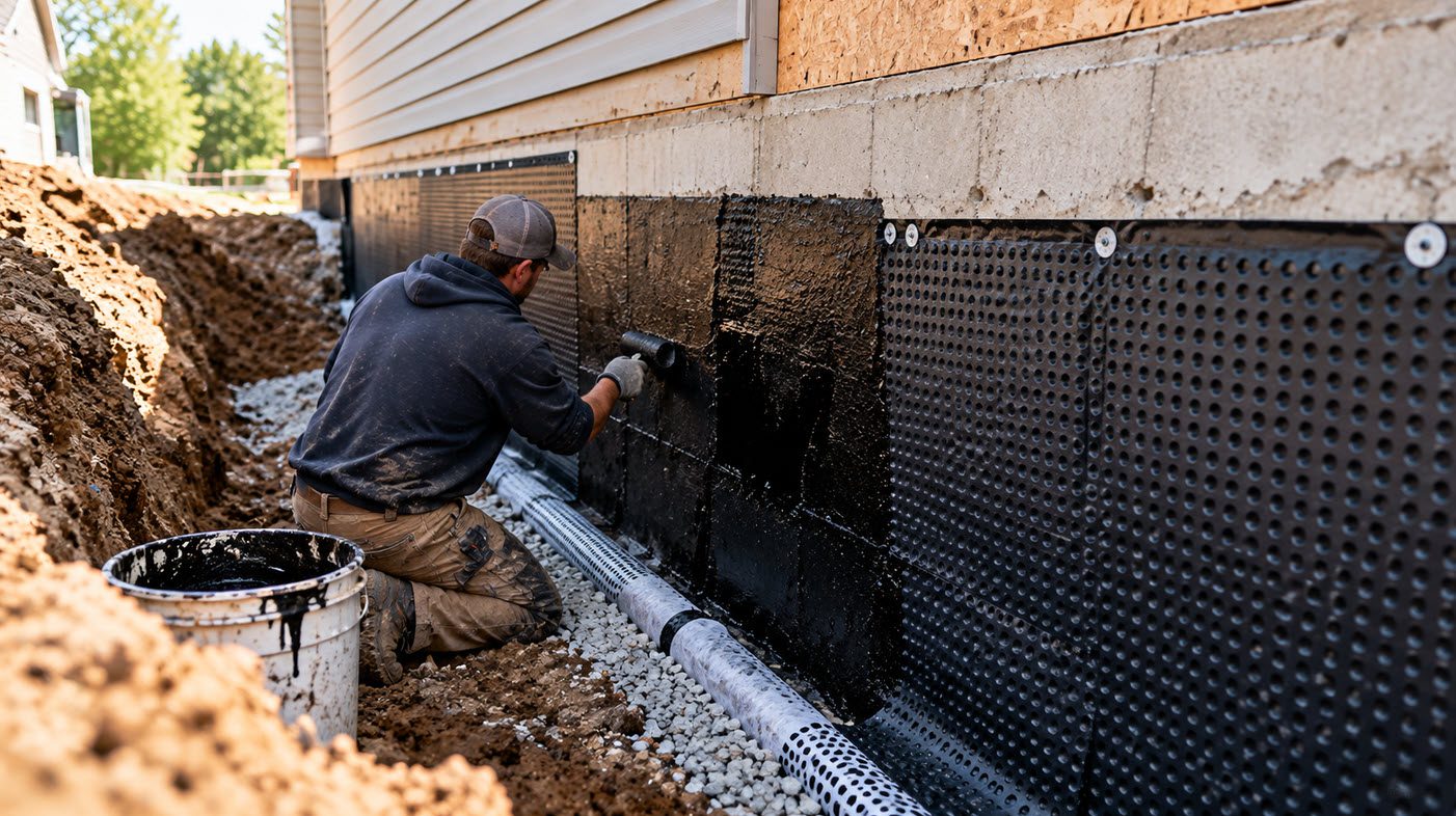 Exterior foundation wall being sealed with waterproofing membrane and drainage board