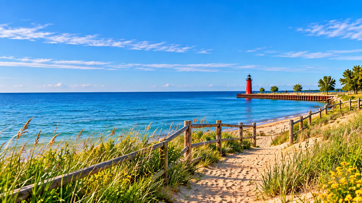 Lake Michigan beach path and lighthouse in Kenosha County