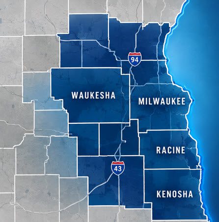 Map of the Southeastern Wisconsin counties served by American Foundation Specialists: Waukesha, Milwaukee, Racine and Kenosha