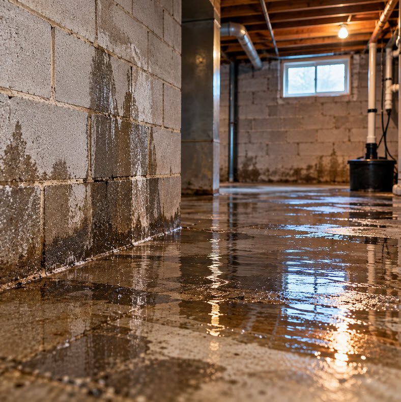 Standing water across a basement floor next to a block wall