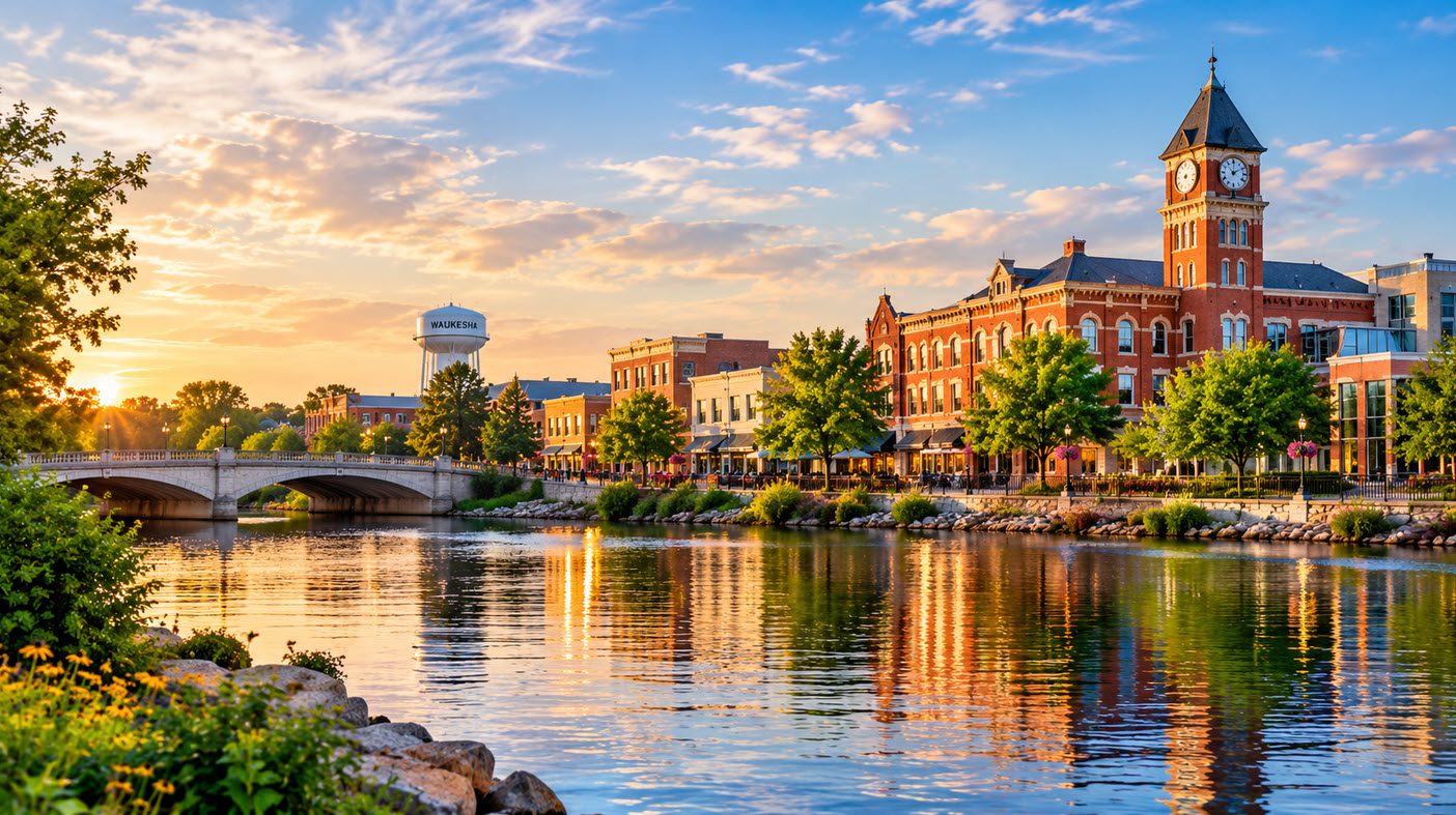 Downtown Waukesha along the Fox River, Waukesha County