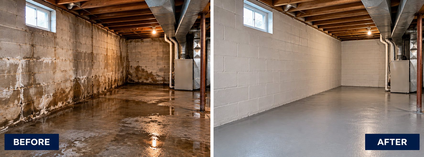 Before and after: flooded, stained basement, then dry and clean