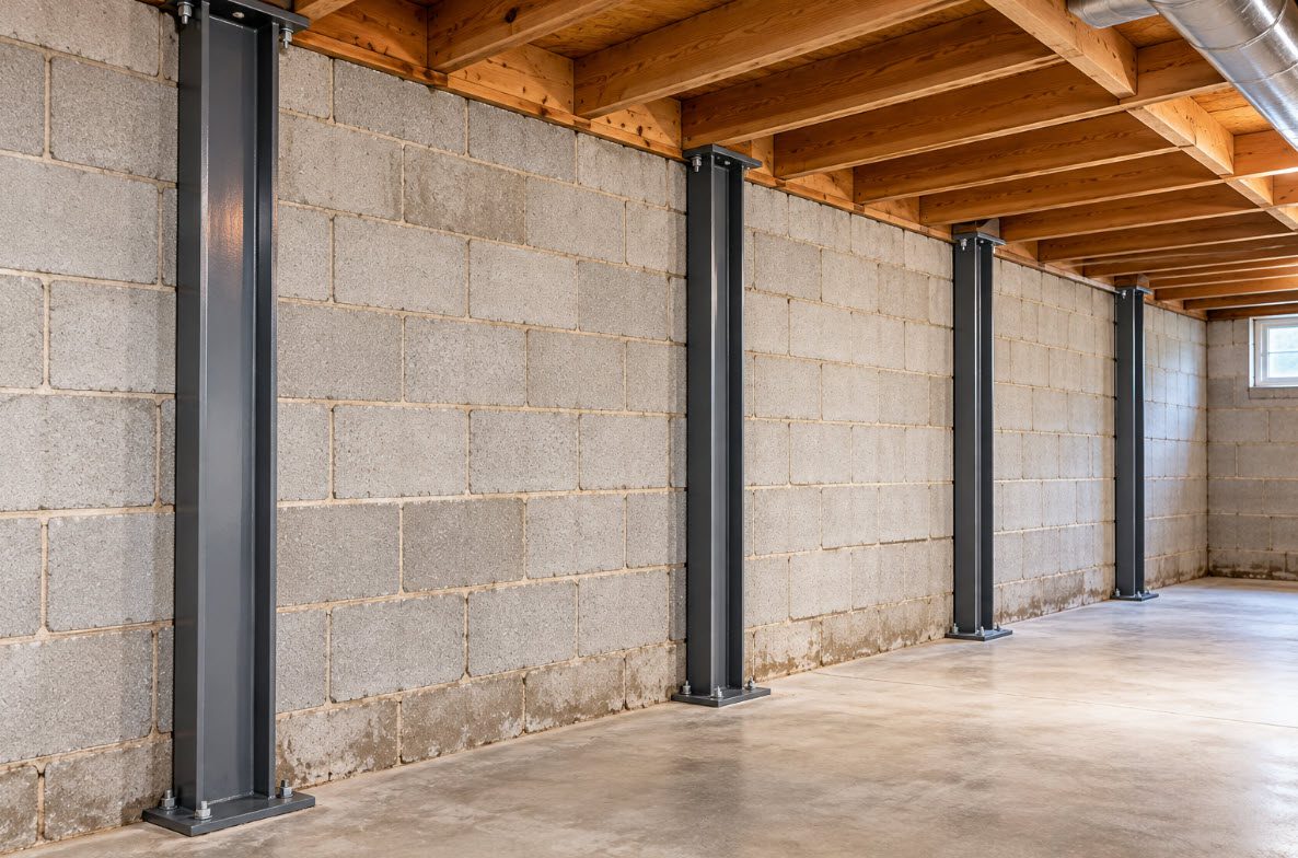 Steel wall braces installed along a basement wall