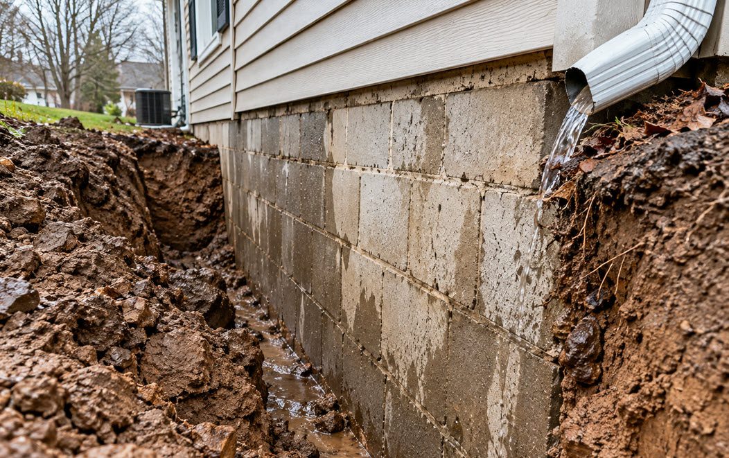 Saturated clay soil pressing against an excavated foundation wall