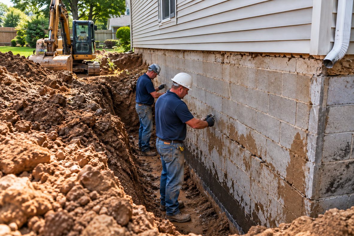 Foundation wall excavated from the outside for straightening