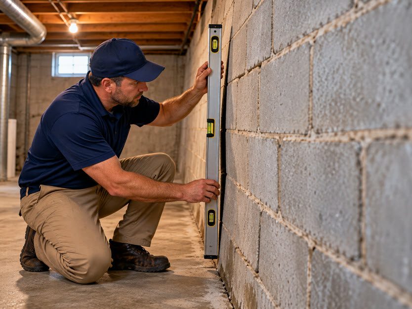 Technician measuring a bowing basement wall with a level
