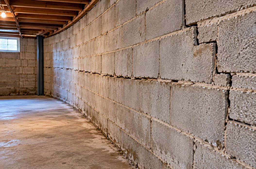 Basement wall visibly bowing inward
