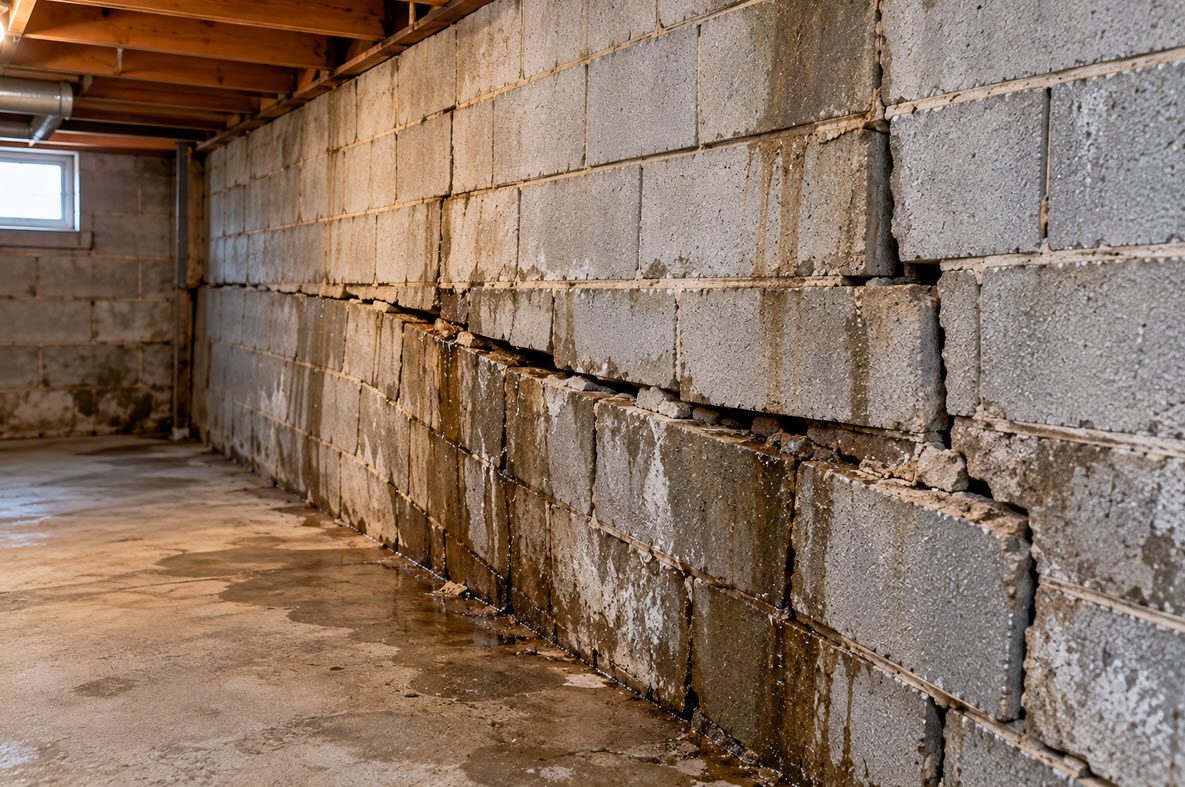 Severely displaced basement wall with sheared blocks