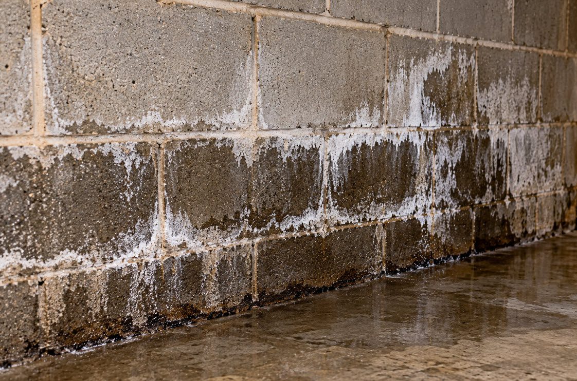 Damp lower courses of a concrete block basement wall with white efflorescence