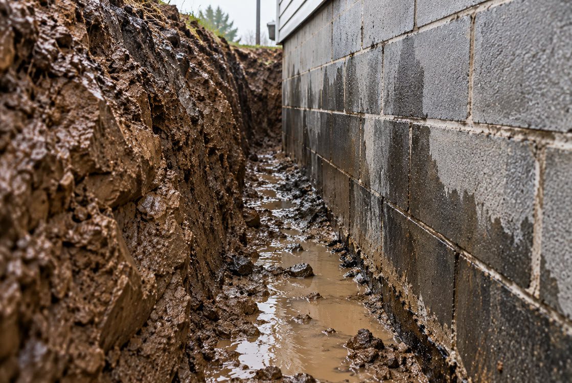 Saturated clay soil pressing against the outside of a basement wall