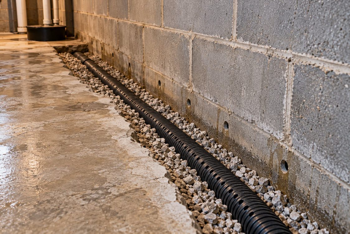 Interior drain tile installed along a concrete block basement wall