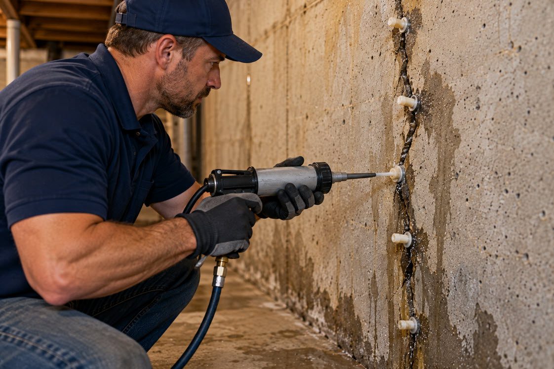 Technician injecting a leaking crack in a poured concrete basement wall