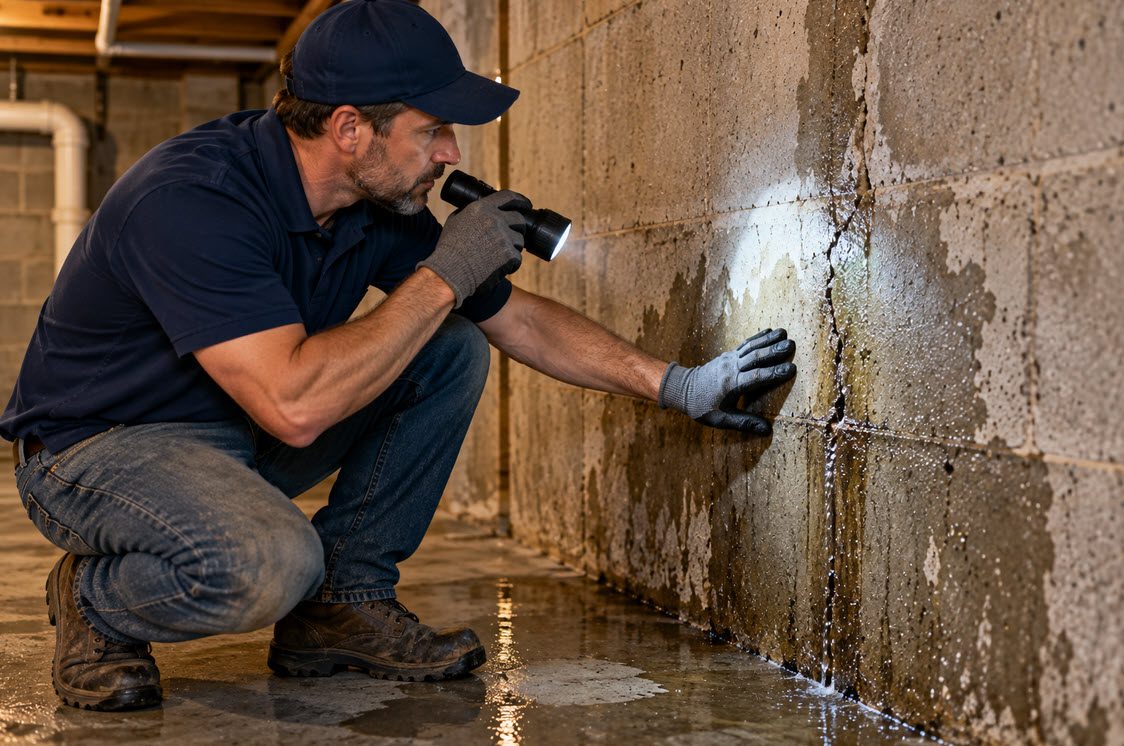 Foundation specialist examining a leaking crack in a basement wall