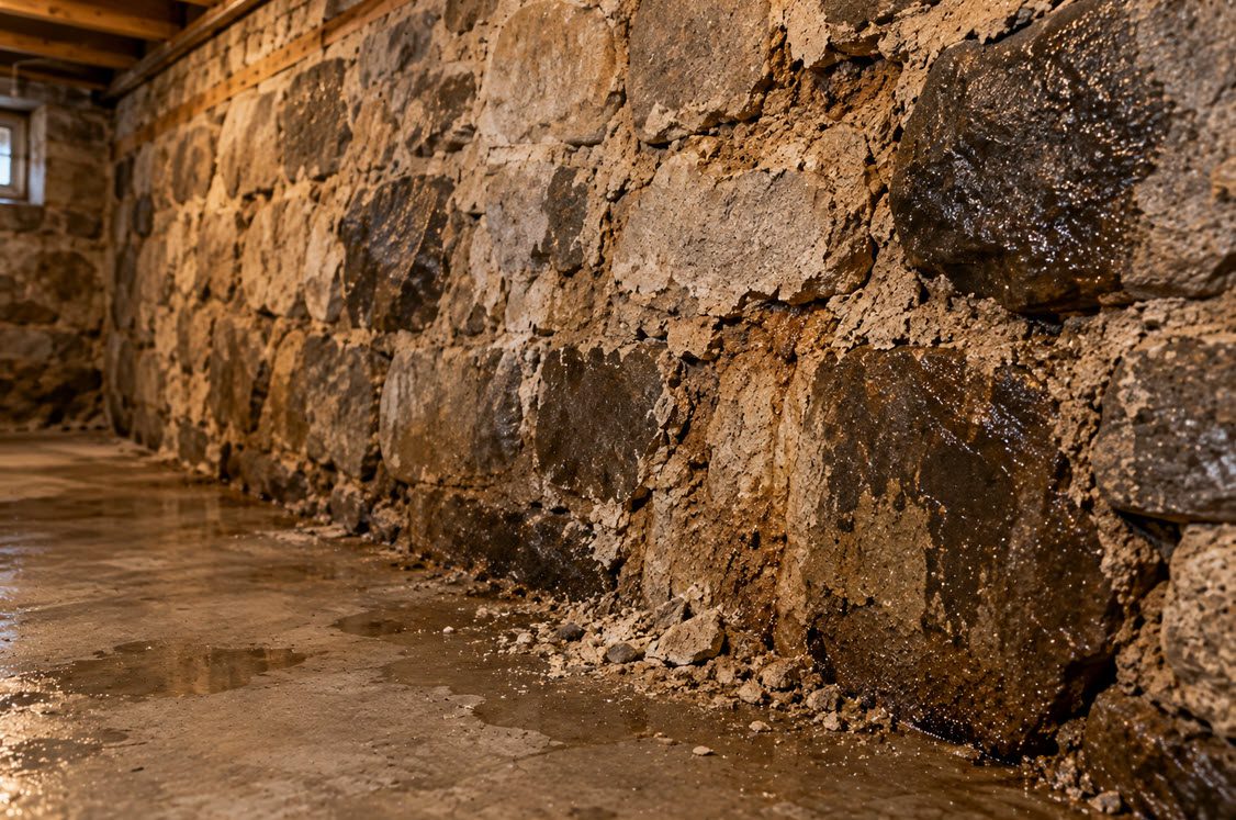 Damp fieldstone basement wall with crumbling mortar joints