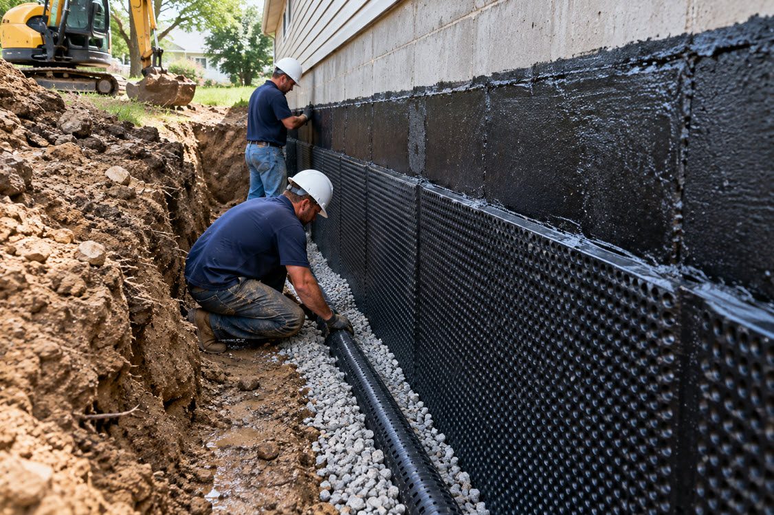 Foundation wall excavated and coated with an exterior waterproofing membrane