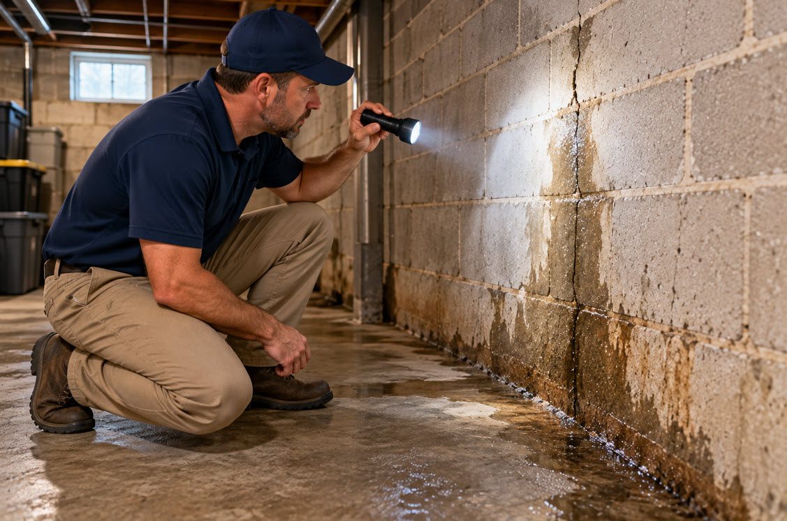 Foundation specialist tracing a basement leak along a wall