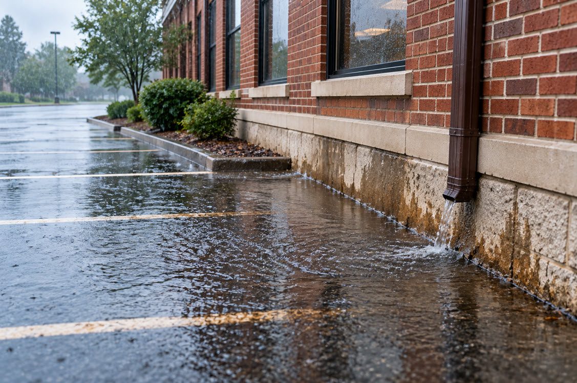 Water draining toward the foundation of a commercial building