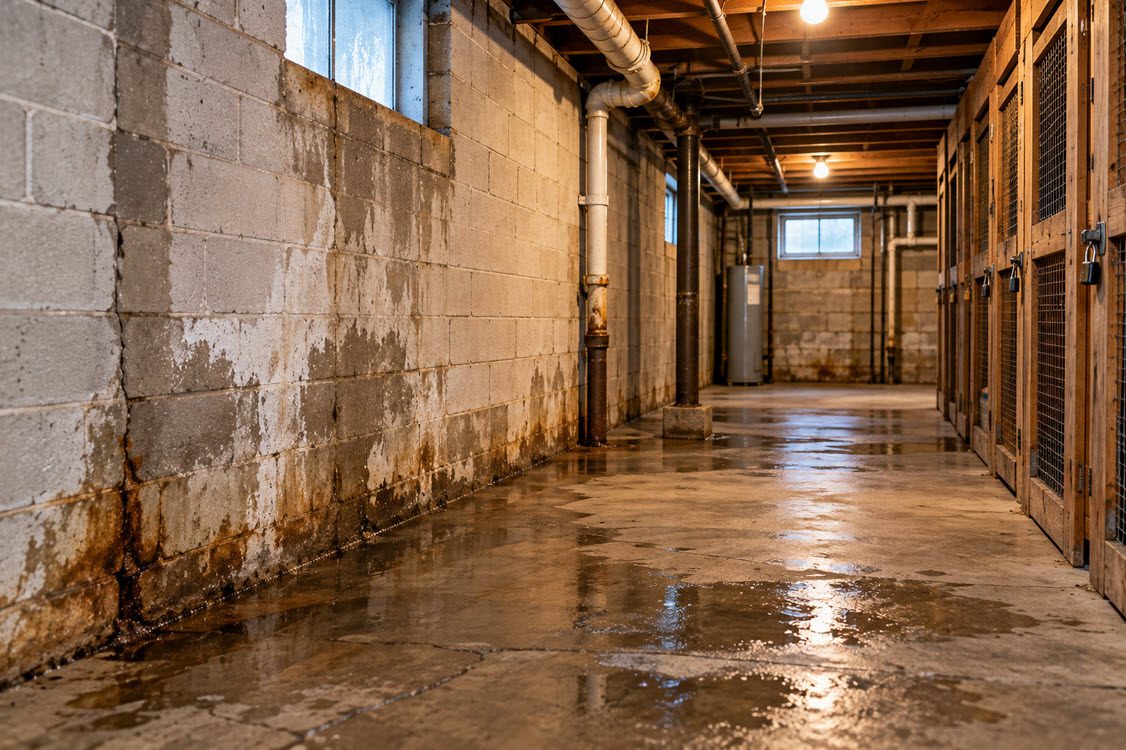 Lower level of a multi-unit building with water staining on the foundation wall