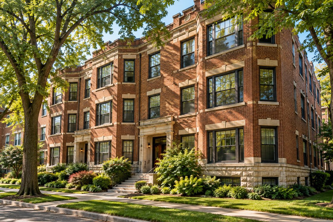 Brick apartment building in a Milwaukee-area neighborhood