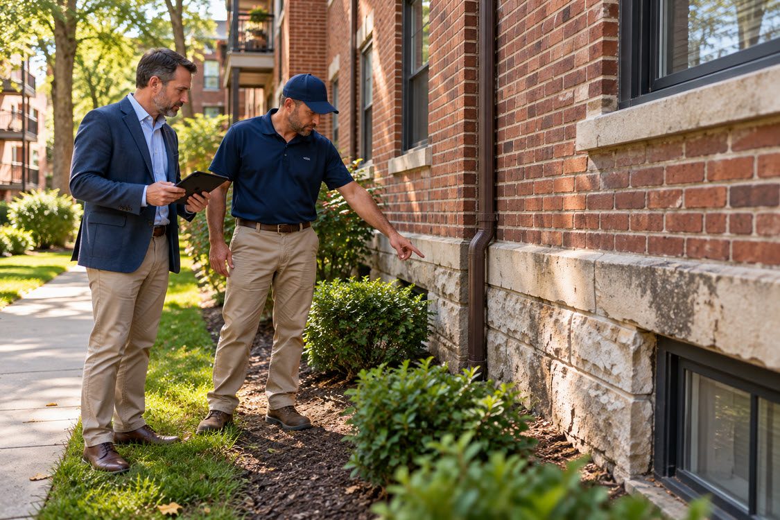 Property manager reviewing a building with a foundation specialist