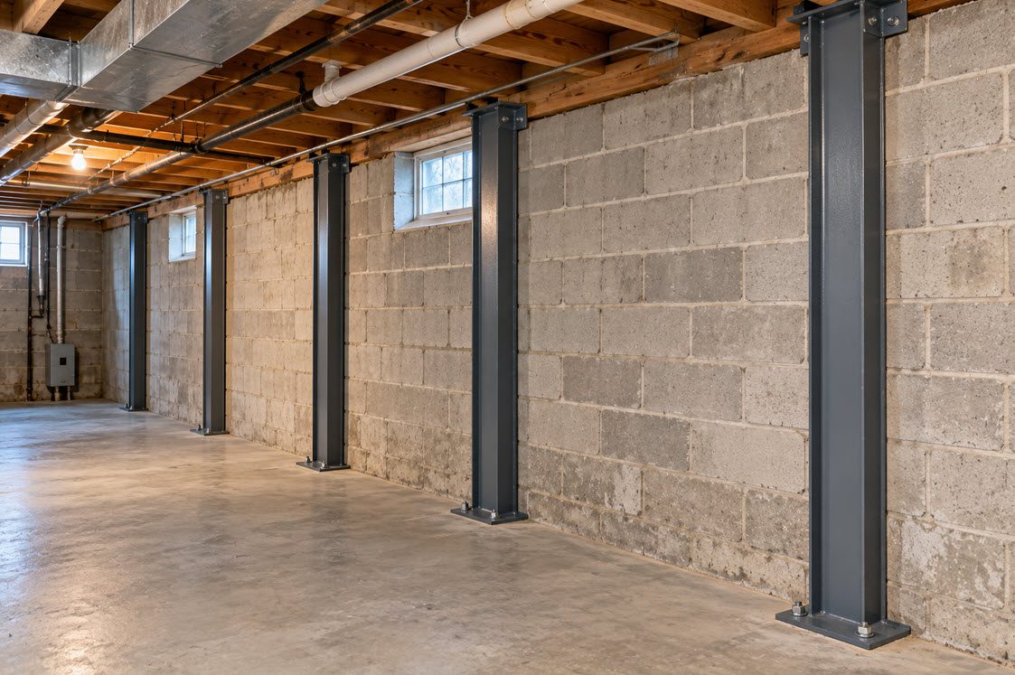 Steel wall braces reinforcing a lower-level wall in a multi-unit building