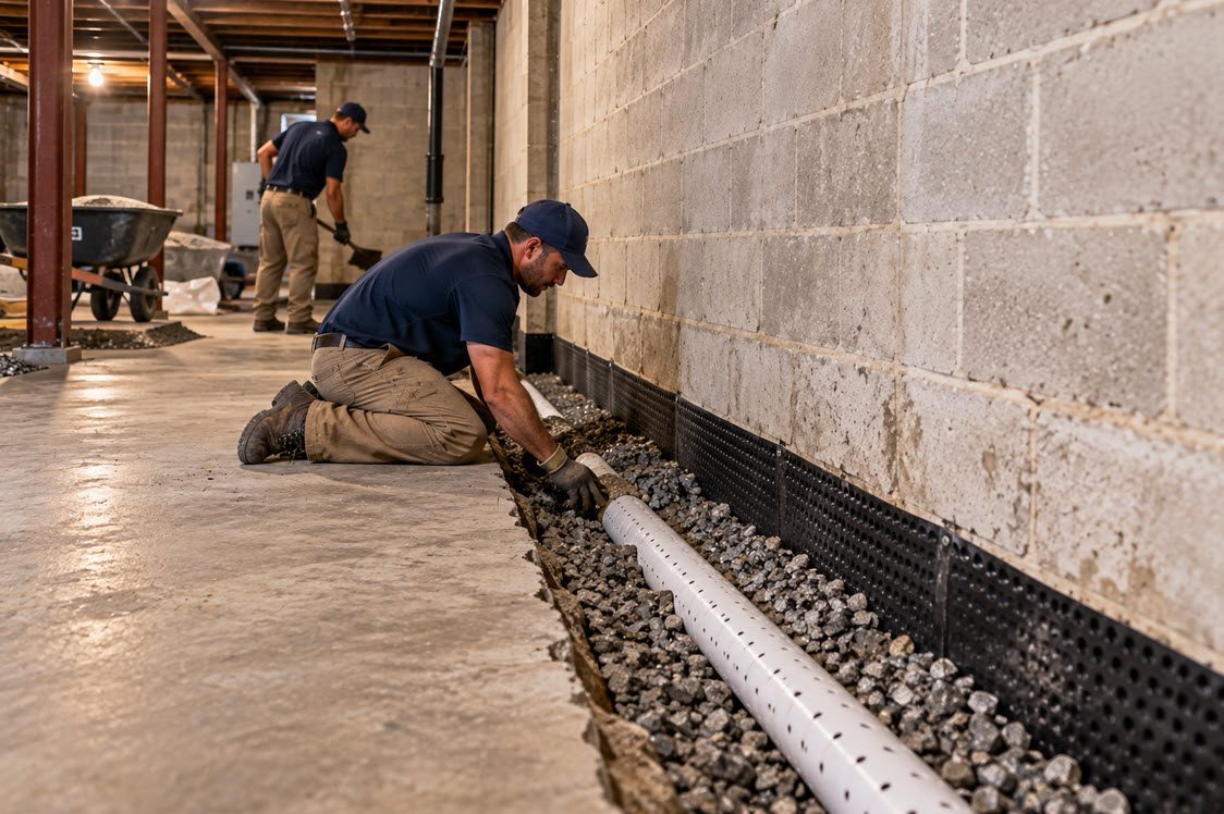 Interior drain tile being installed along a lower-level wall of a commercial building