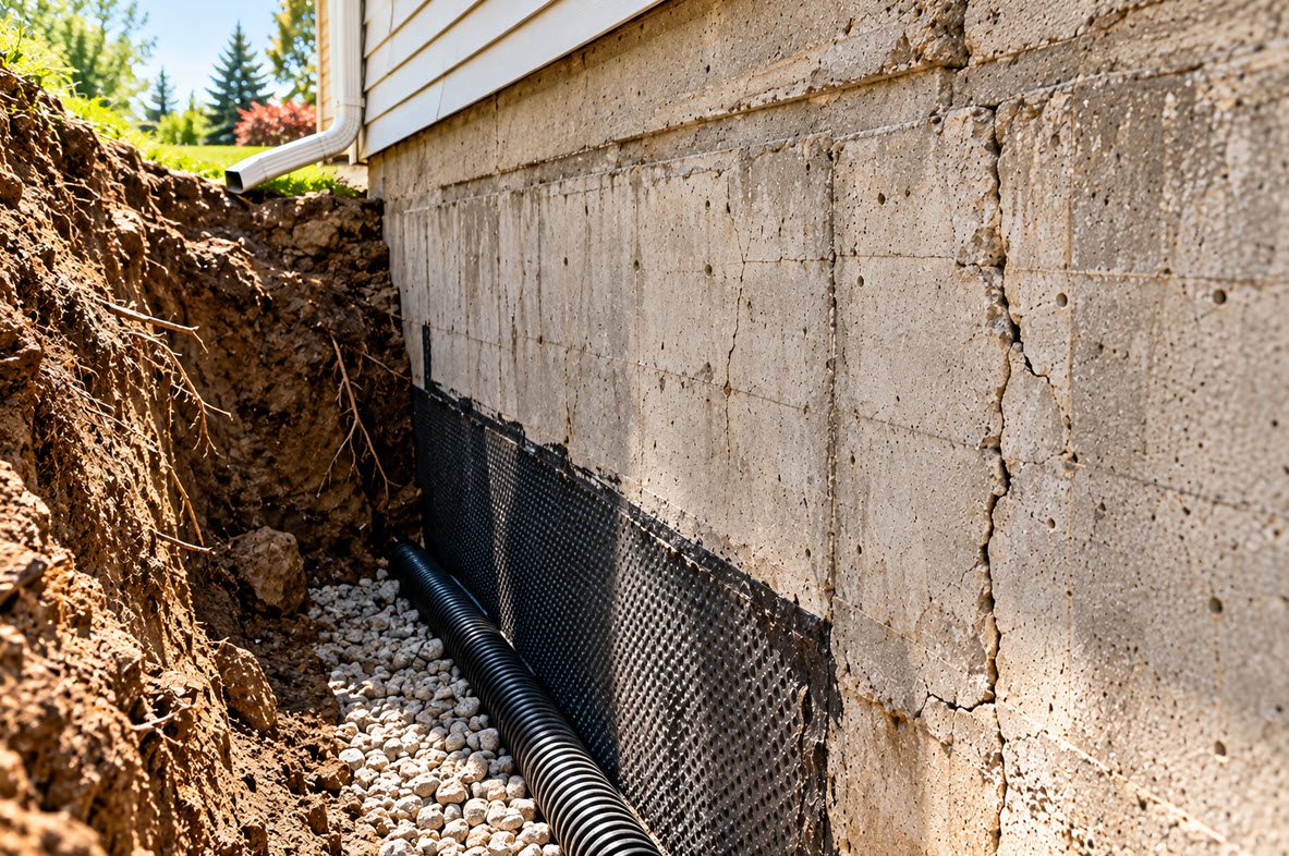 Excavated foundation wall showing soil pressure and cracking