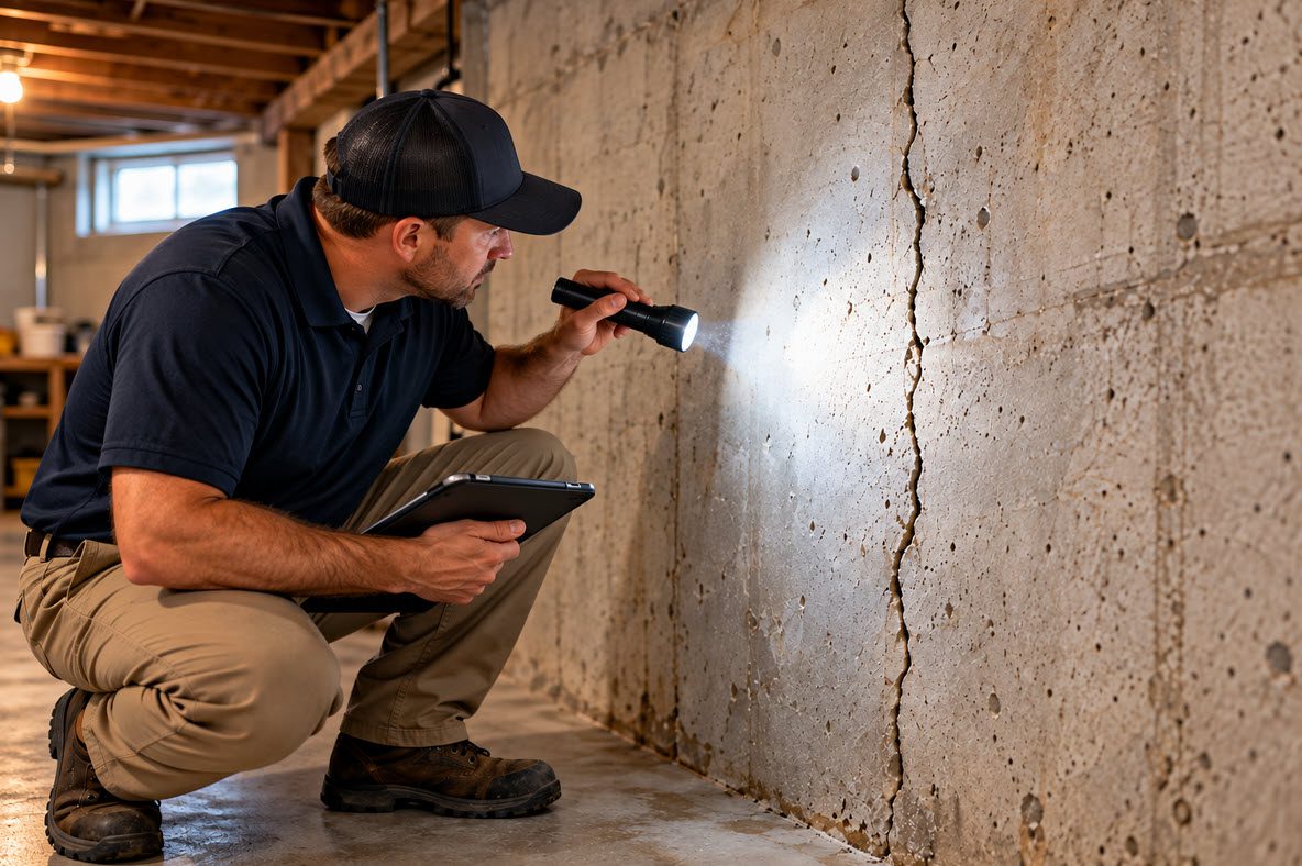 Long vertical crack in a poured concrete basement wall