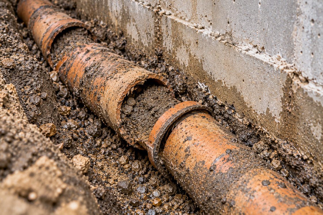 Old clay drain tile sections clogged with silt