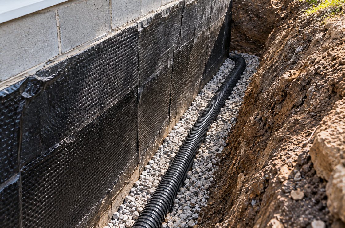 Exterior drain tile laid in gravel at the bottom of an excavated foundation