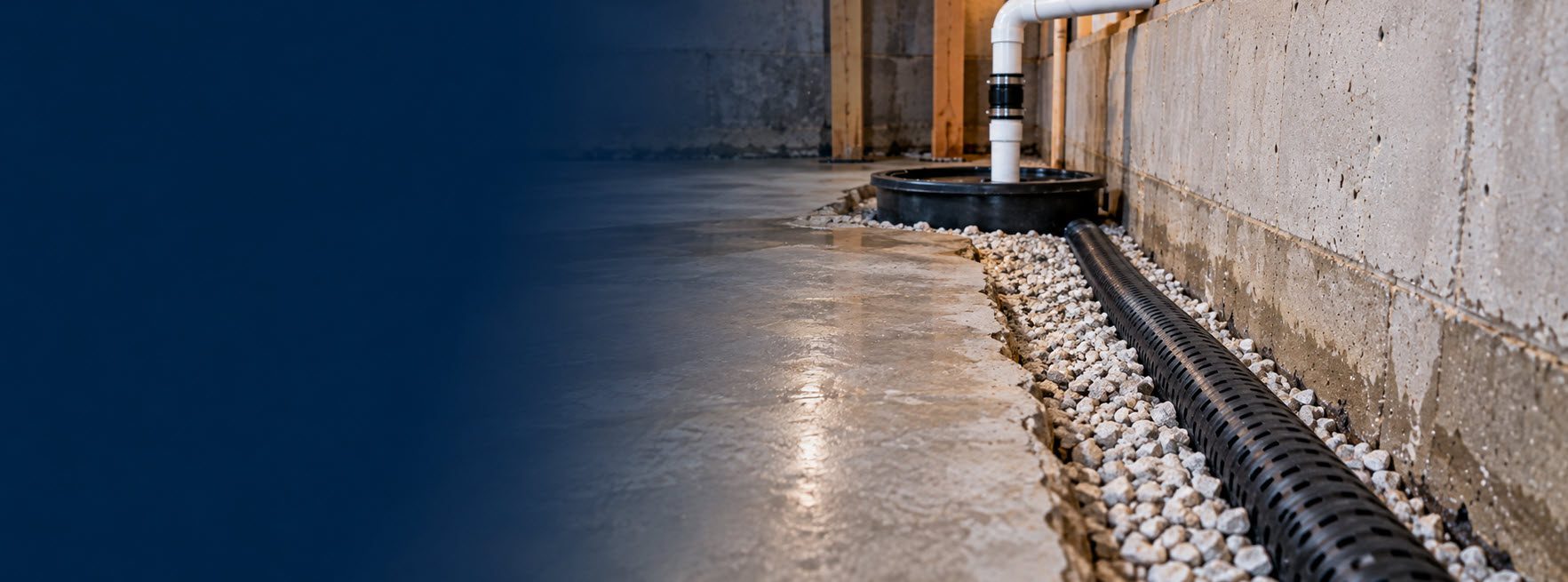 New perforated drain tile installed along a basement footing in Southeastern Wisconsin