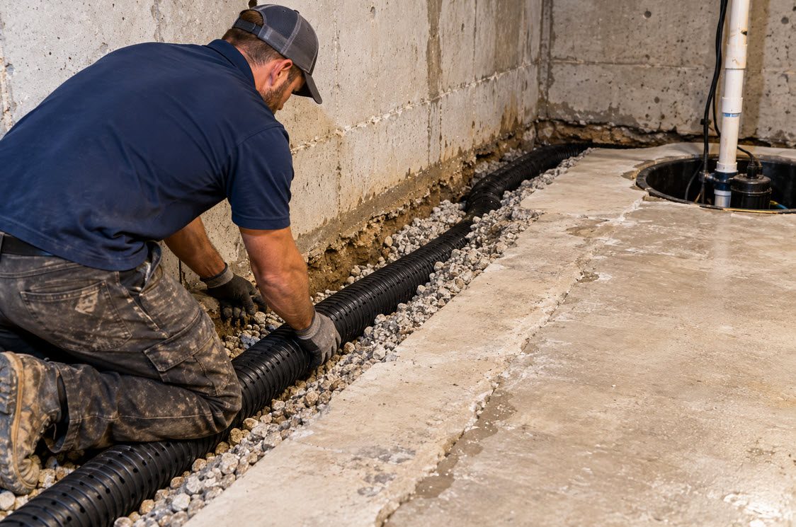 Interior drain tile being installed in a trench along a basement floor