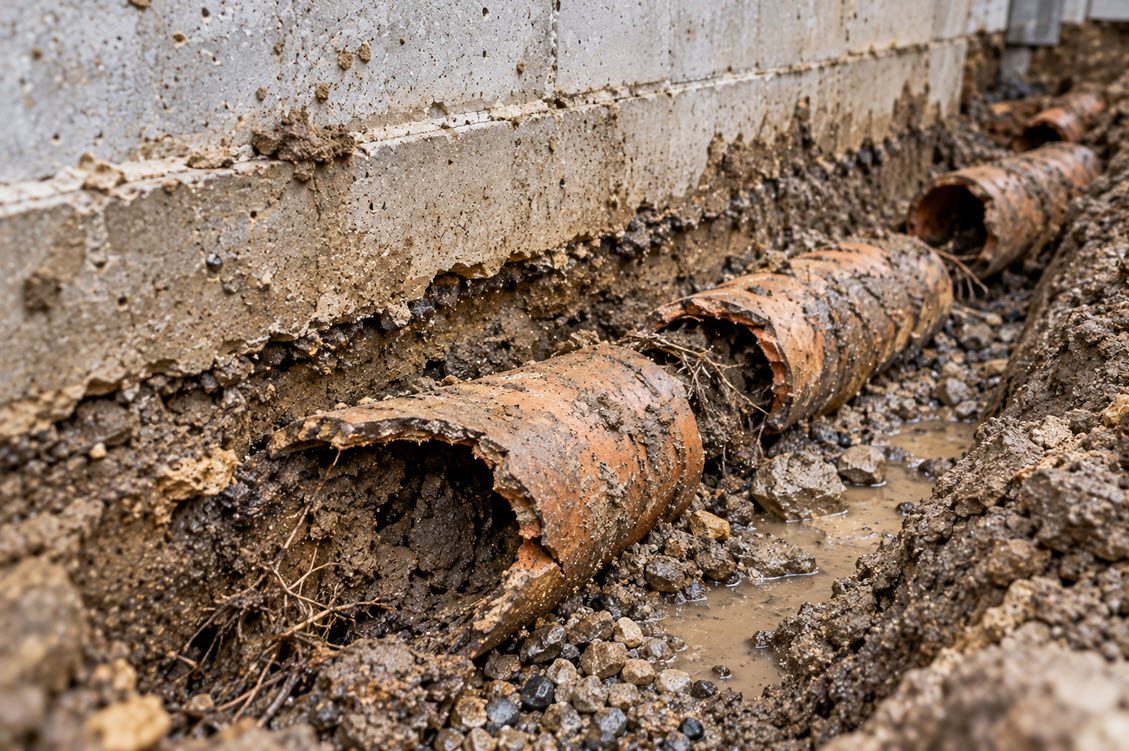 Old broken clay drain tile pulled from beside a basement footing