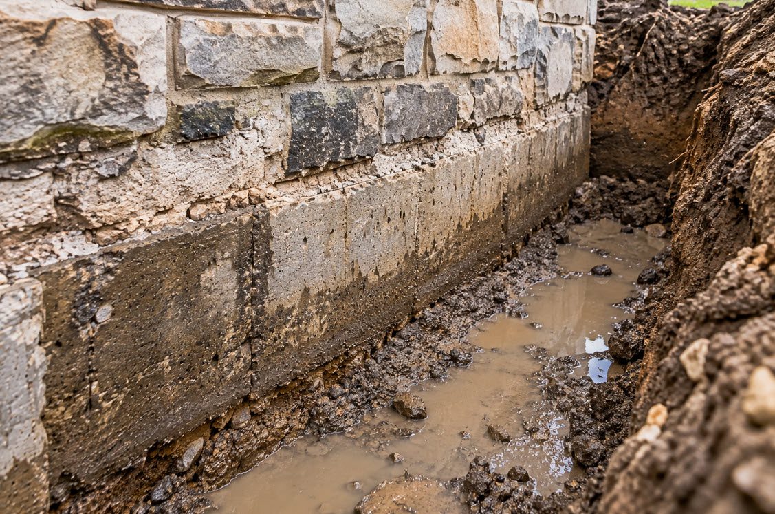 Older basement foundation footing with no drain tile