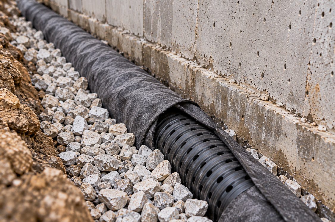 Black perforated plastic drain tile pipe