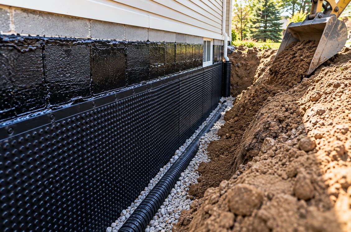 Waterproofed foundation wall with drainage board and new drain tile before backfill