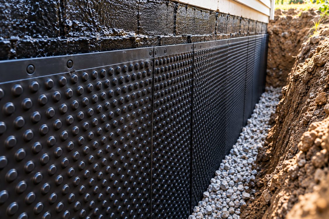 Dimpled drainage board installed over a waterproofed foundation wall