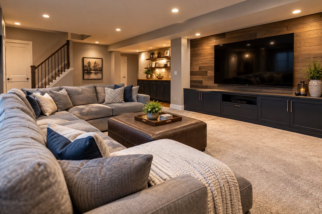Finished basement protected by exterior waterproofing