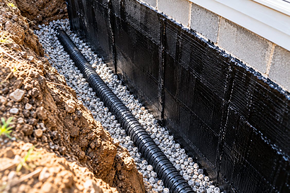 New drain tile in gravel at the base of an excavated foundation