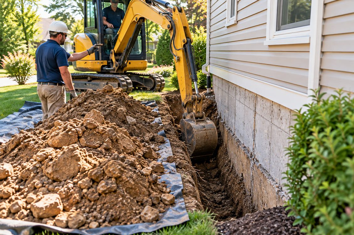 Crew excavating soil along a home foundation down to the footing